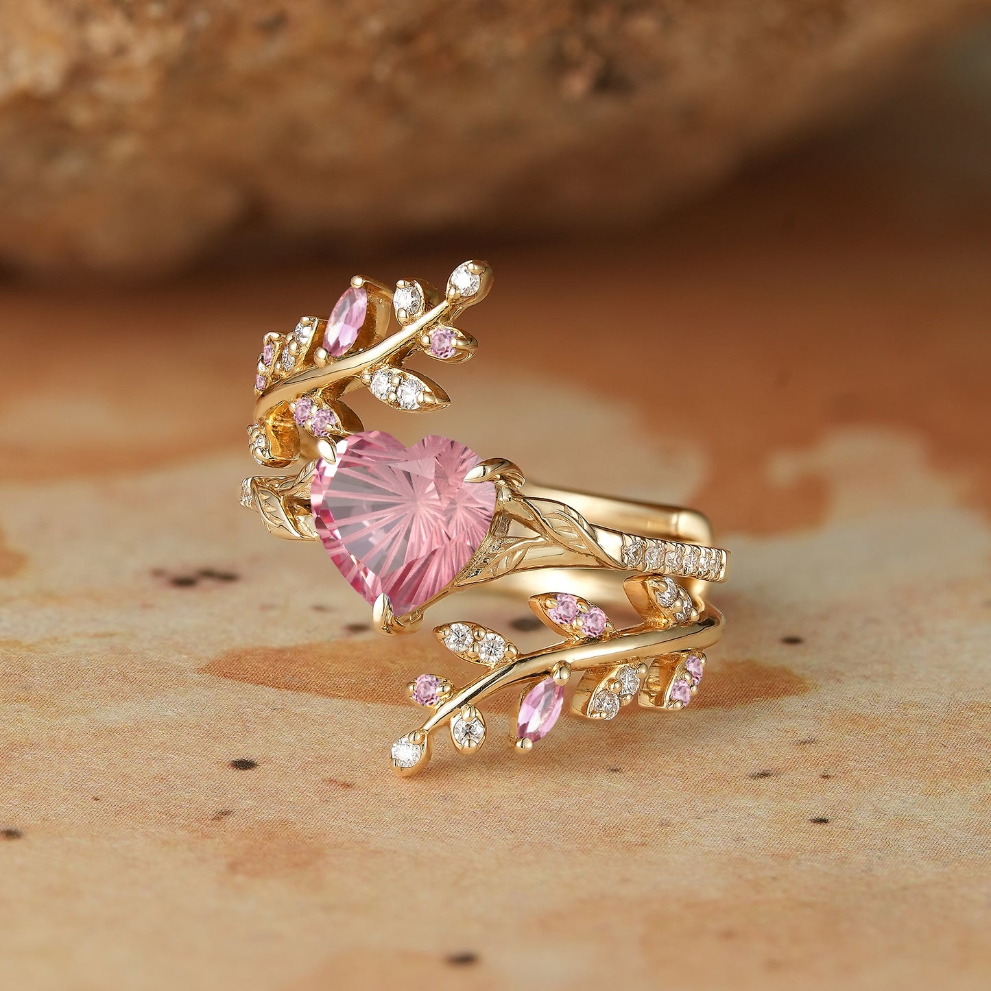 Aphrodite's Enchanted Vine | A Mythical Heart Shaped Starbrite Cut Padparadscha Engagement Ring Set