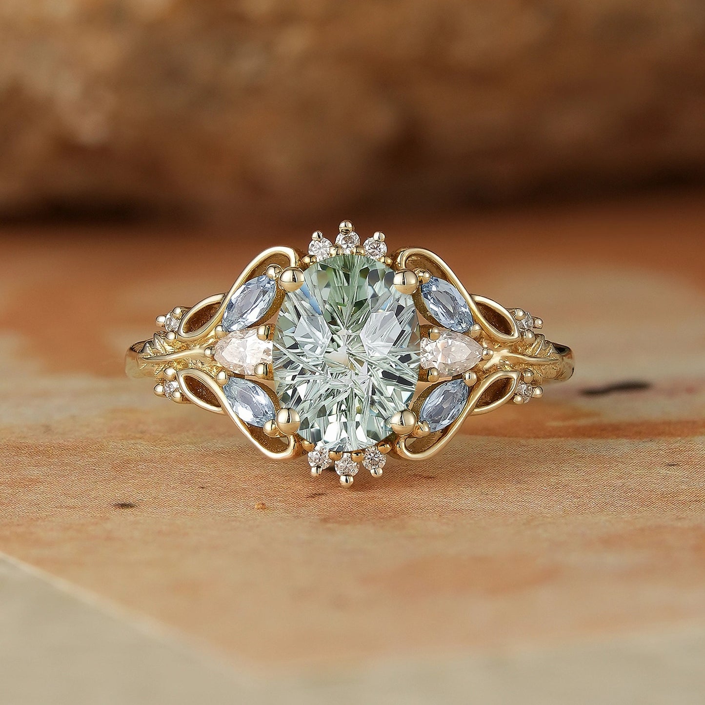 Verdant Majesty: Twisted Leaf Sparkle Cut Green Sapphire Ring - GemsMagic
