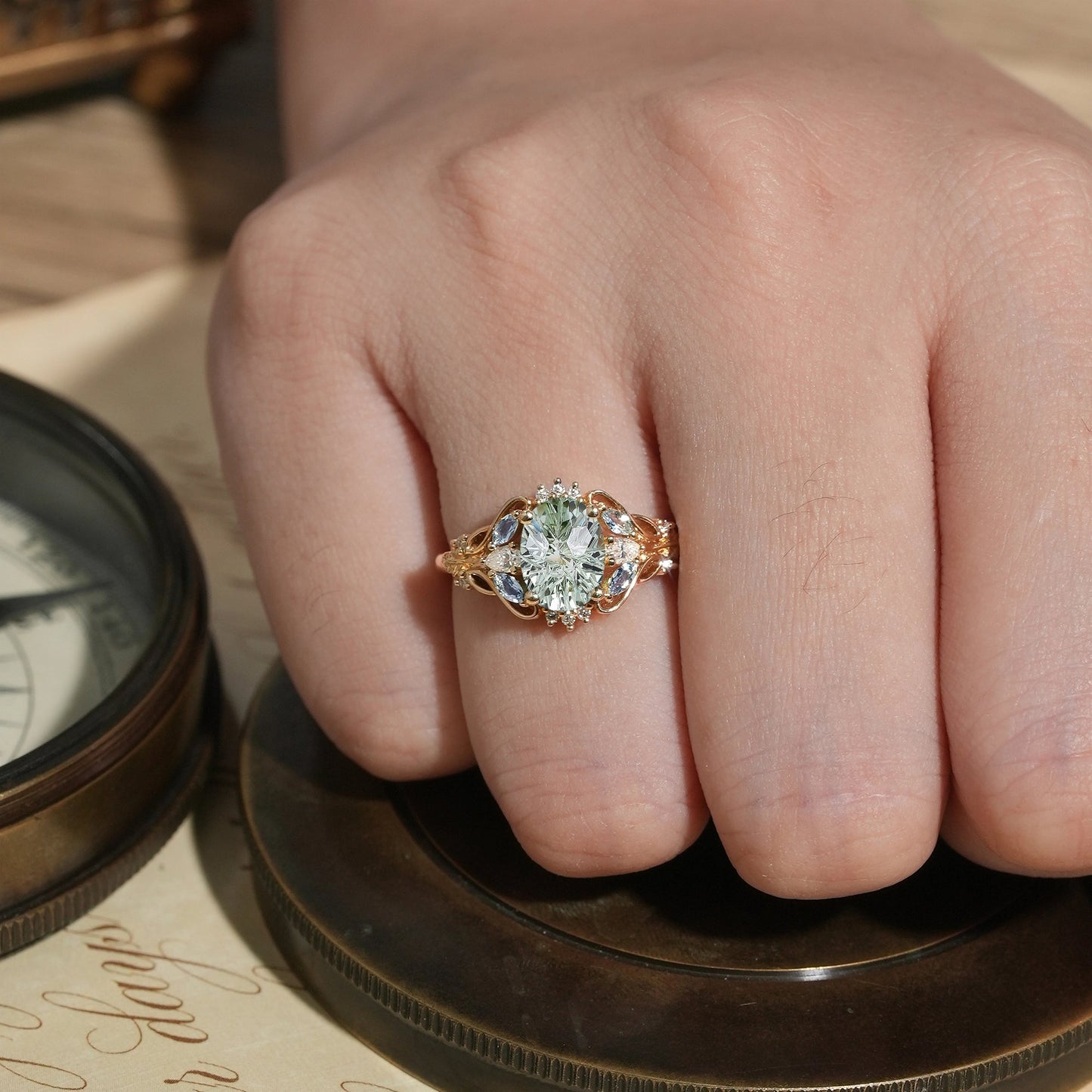 Verdant Majesty: Twisted Leaf Sparkle Cut Green Sapphire Ring - GemsMagic