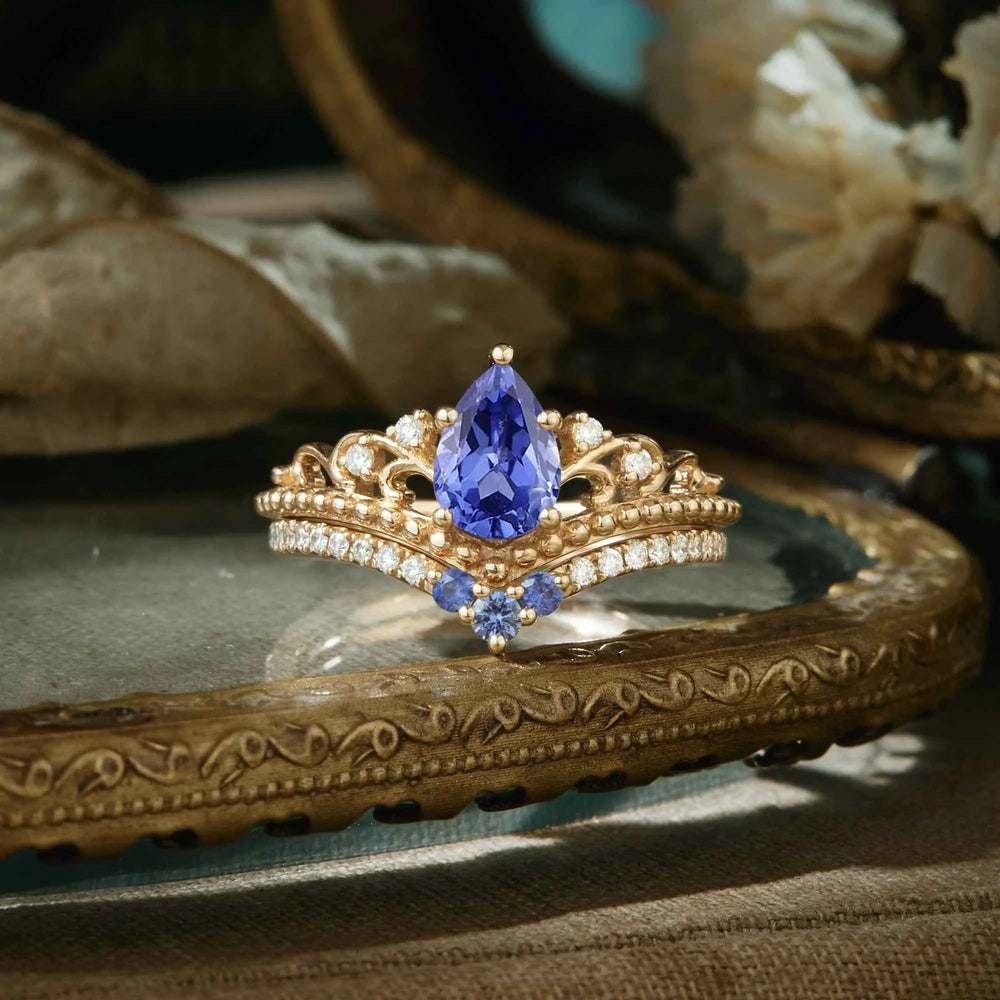 Vintage Cornflower Sapphire Engagement Ring Set 2pcs - GemsMagic