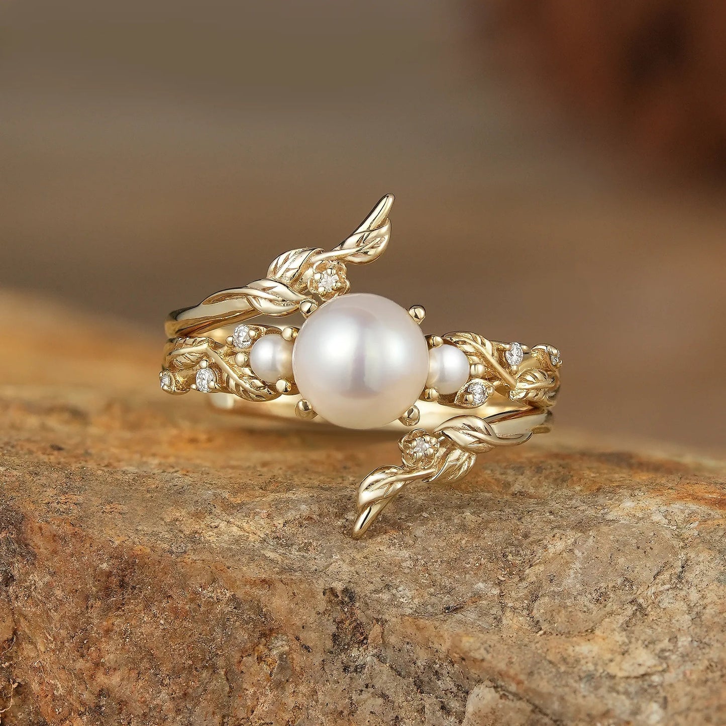 Vintage Leaf - Inspired Gold Ring with Pearl - Indra - GemsMagic
