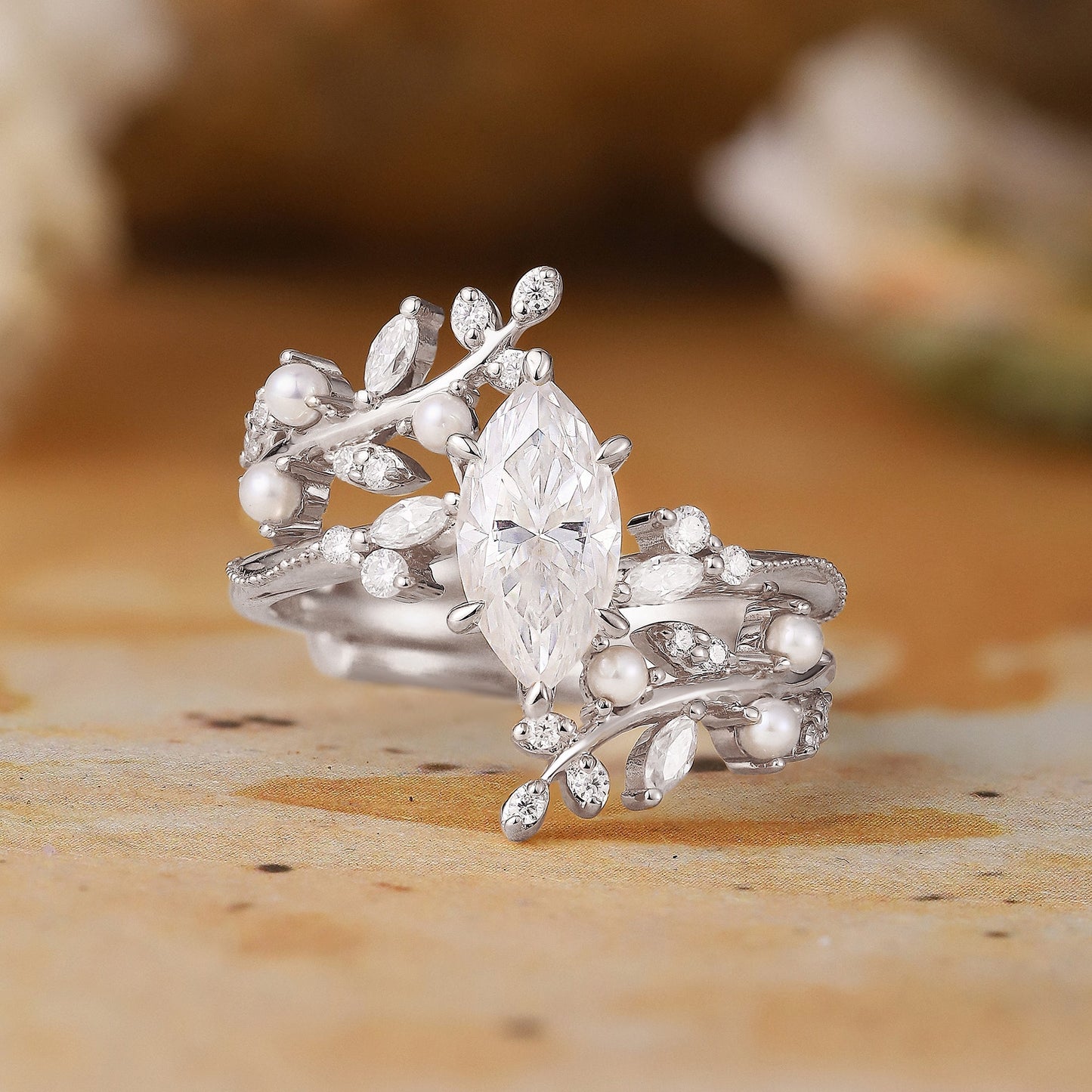 Vintage Milgrain Marquise Moissanite Enhancer Ring Set - Lorelei - GemsMagic