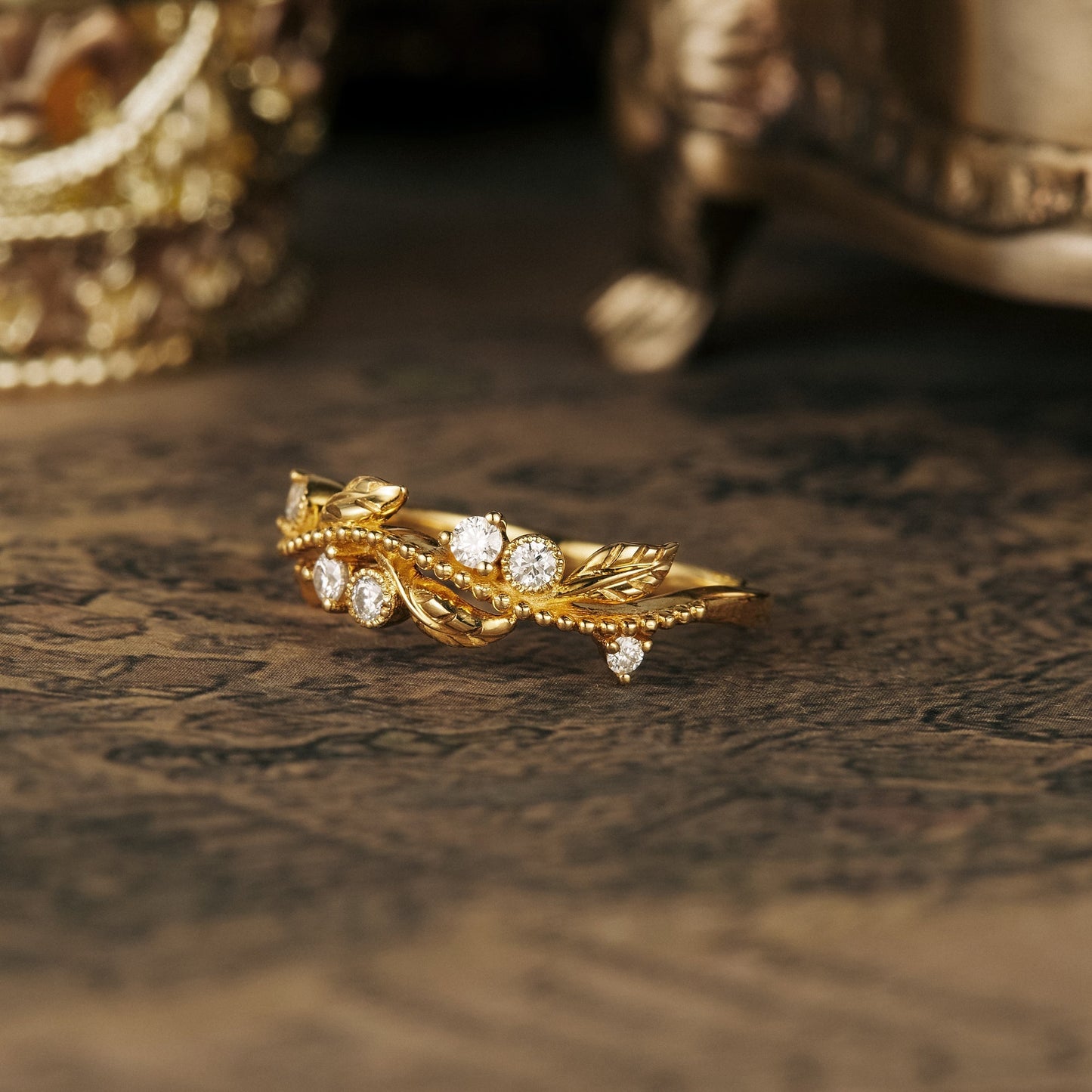 Vintage Moissanite Leaf Engraved Milgrain Wedding Band - GemsMagic - GemsMagic