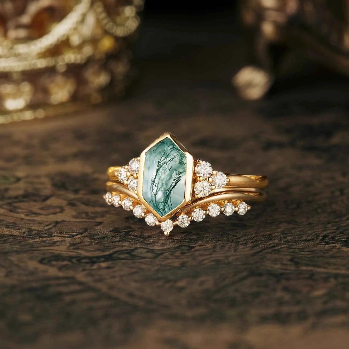 Vintage Moss Agate Engagement Ring Set 2pcs - GemsMagic - GemsMagic