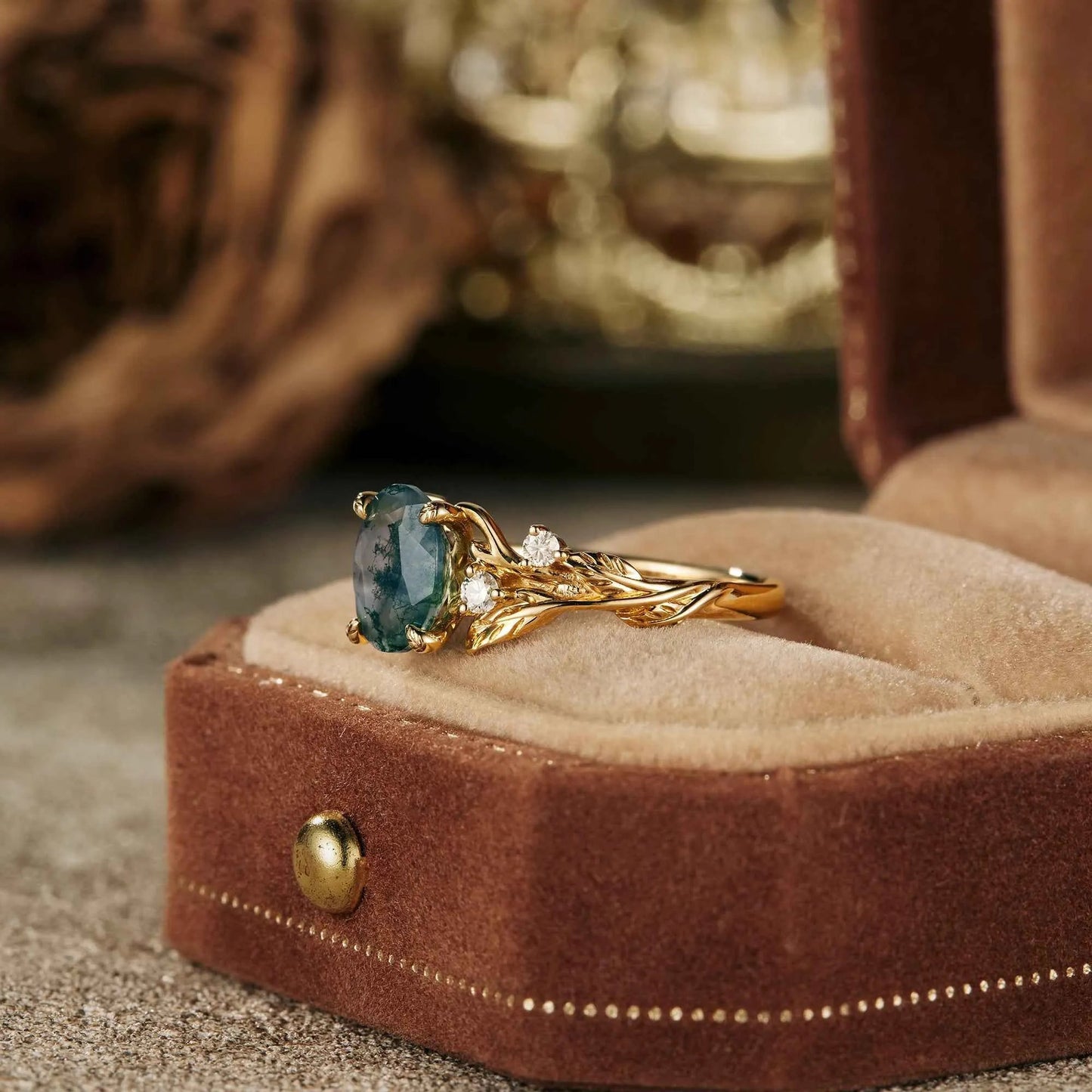 Vintage Moss Agate Leaf Floral Engagement Ring - GemsMagic - GemsMagic