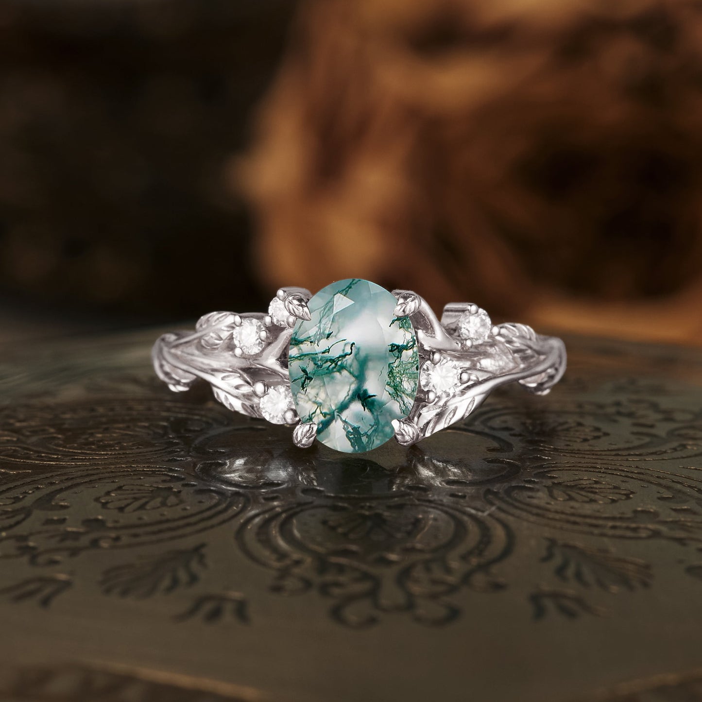 Vintage Moss Agate Leaf Floral Engagement Ring - GemsMagic - GemsMagic