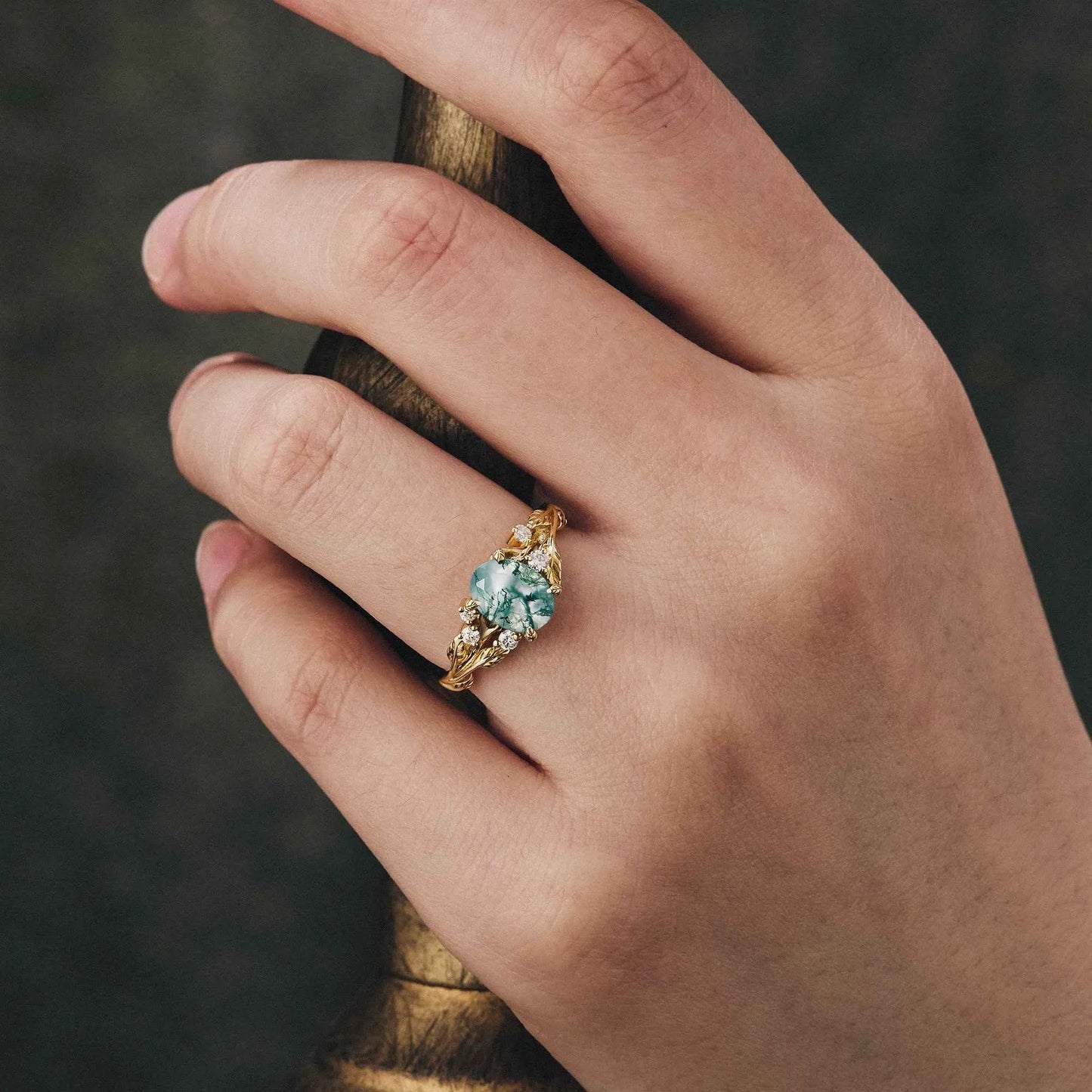 Vintage Moss Agate Leaf Floral Engagement Ring - GemsMagic - GemsMagic