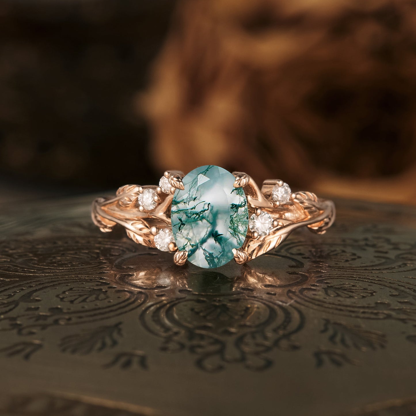 Vintage Moss Agate Leaf Floral Engagement Ring - GemsMagic - GemsMagic