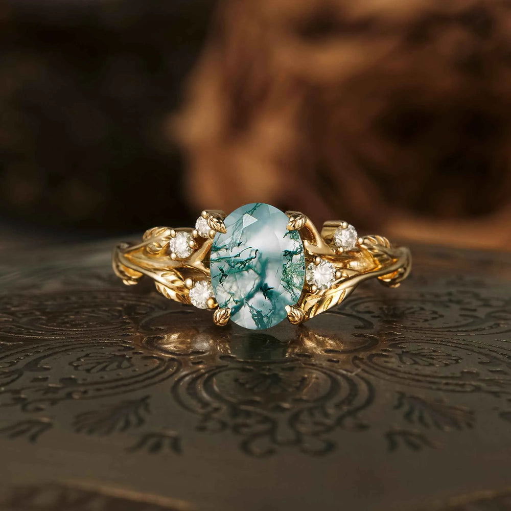 Vintage Moss Agate Leaf Floral Engagement Ring - GemsMagic