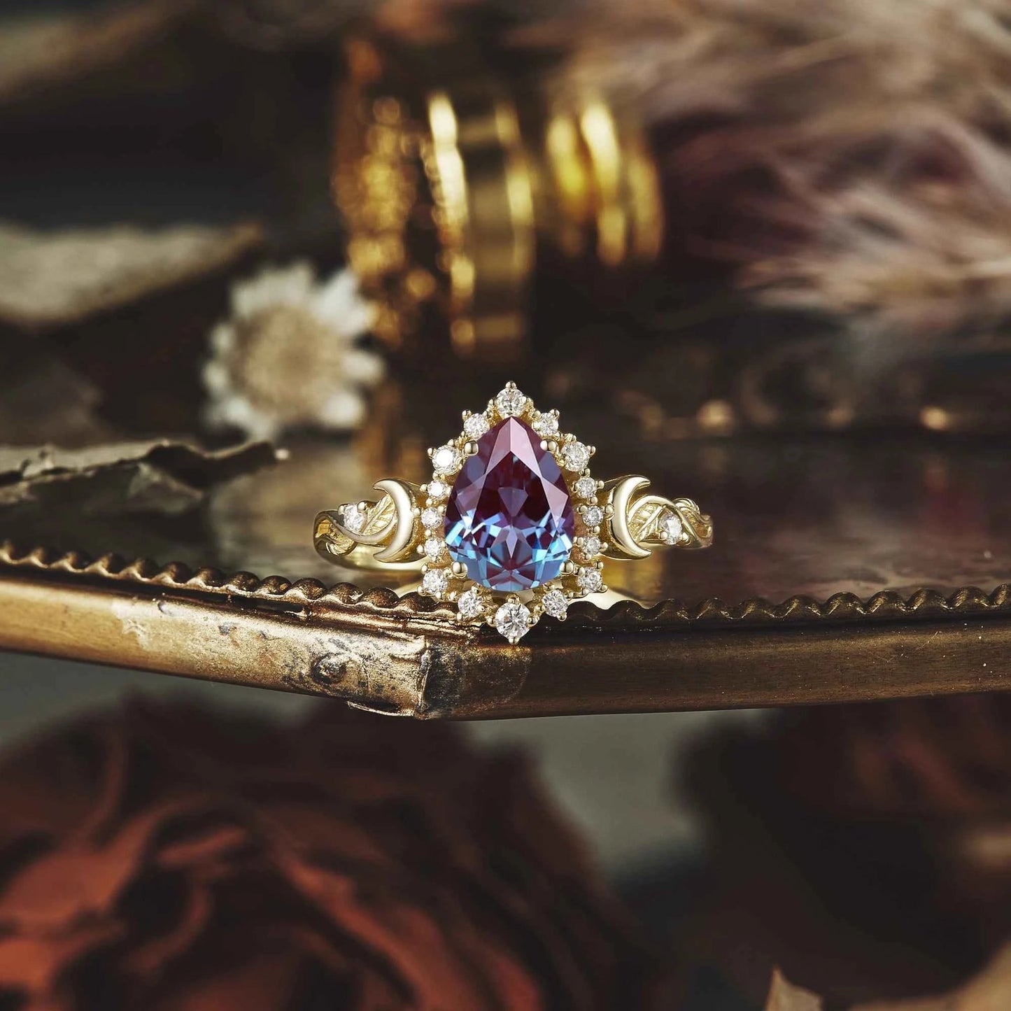 Vintage Pear Cut Alexandrite Nature Inspired Halo Engagement Ring - GemsMagic