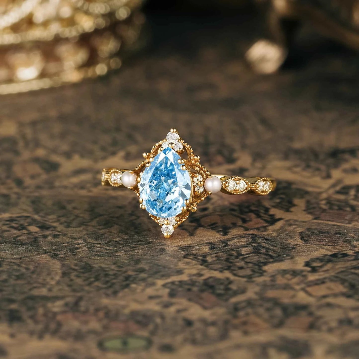 Vintage Pear Cut Lab Grown Blue Diamond Milgrain Engagement Ring - Eulalie | GemsMagic - GemsMagic