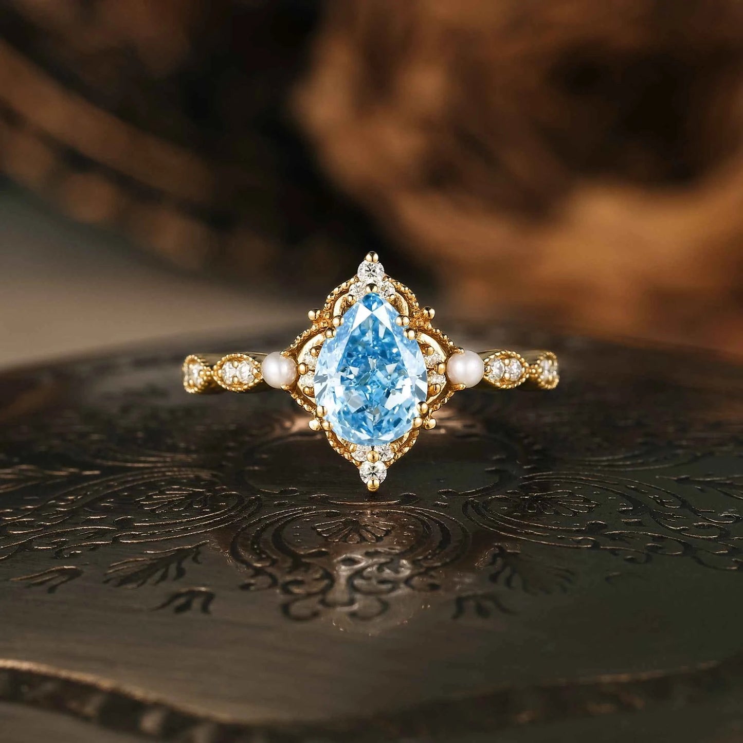 Vintage Pear Cut Lab Grown Blue Diamond Milgrain Engagement Ring - Eulalie | GemsMagic - GemsMagic