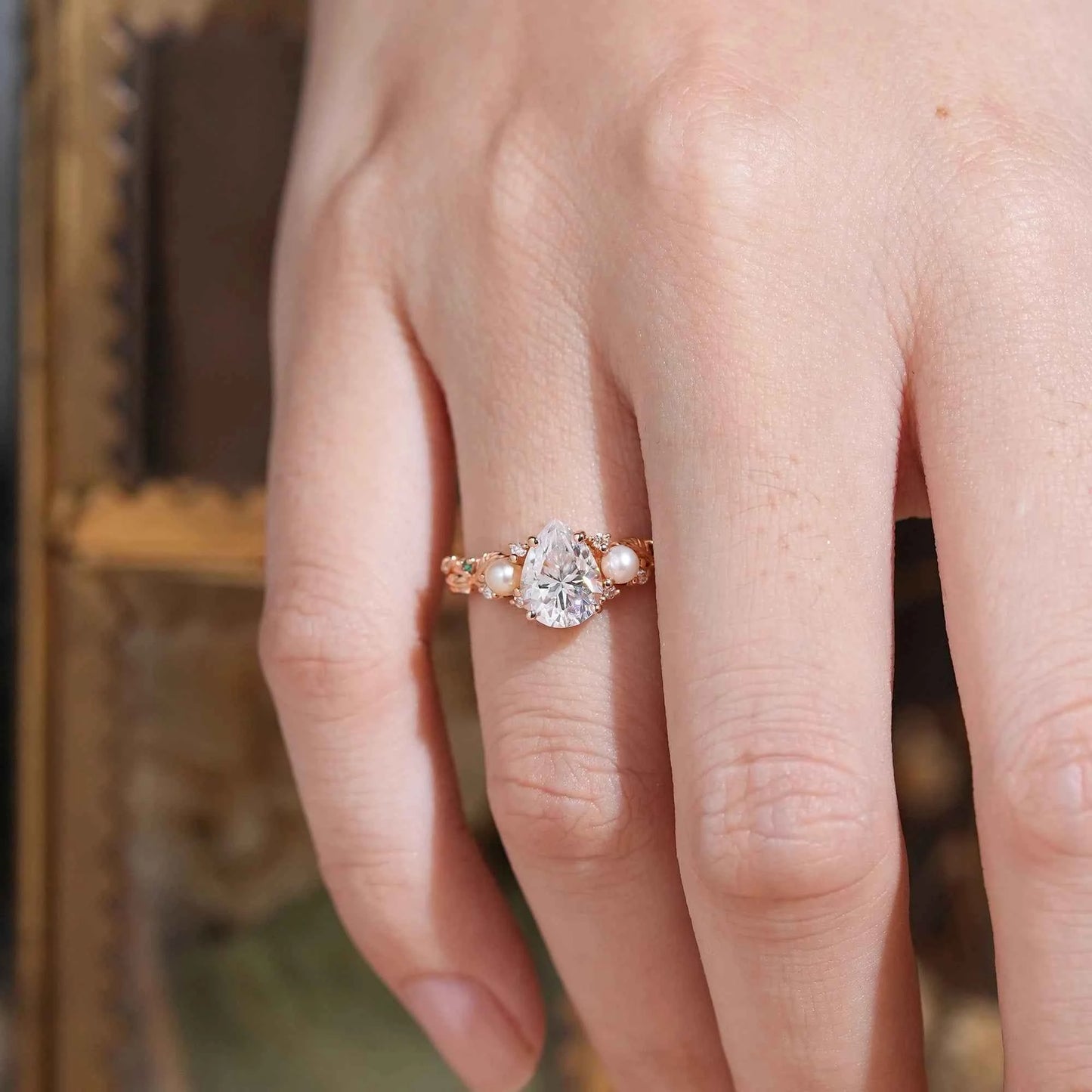 Pear Cut Moissanite And Pearl Nature Inspired Engagement Ring (925 Silver)