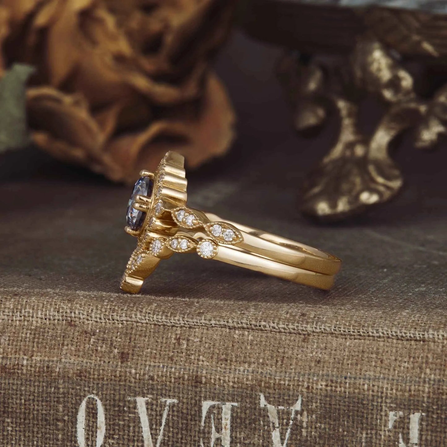 Vintage Small Sun Gray Moissanite Ring Set 2pcs - GemsMagic - GemsMagic