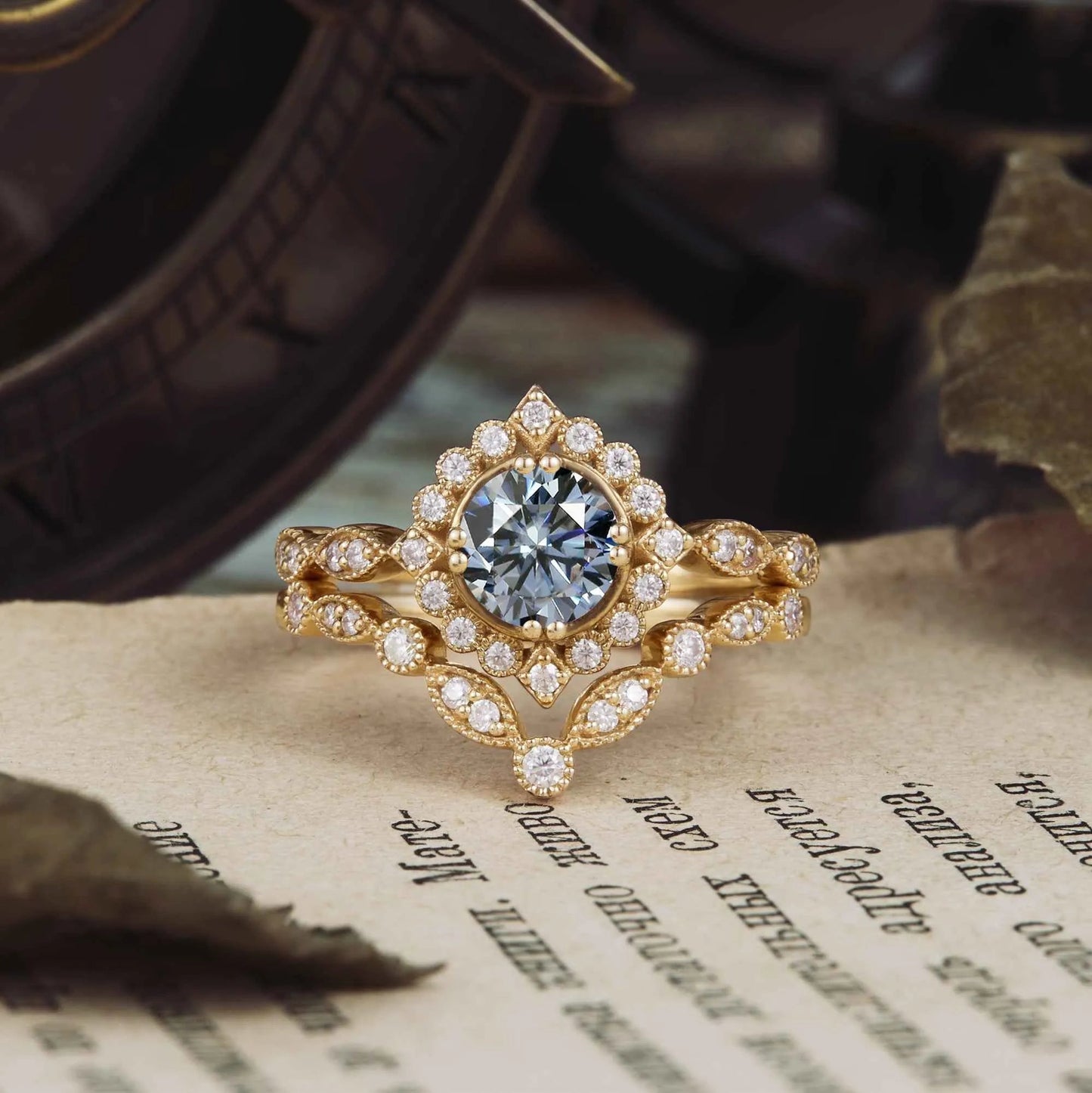 Vintage Small Sun Gray Moissanite Ring Set 2pcs - GemsMagic - GemsMagic