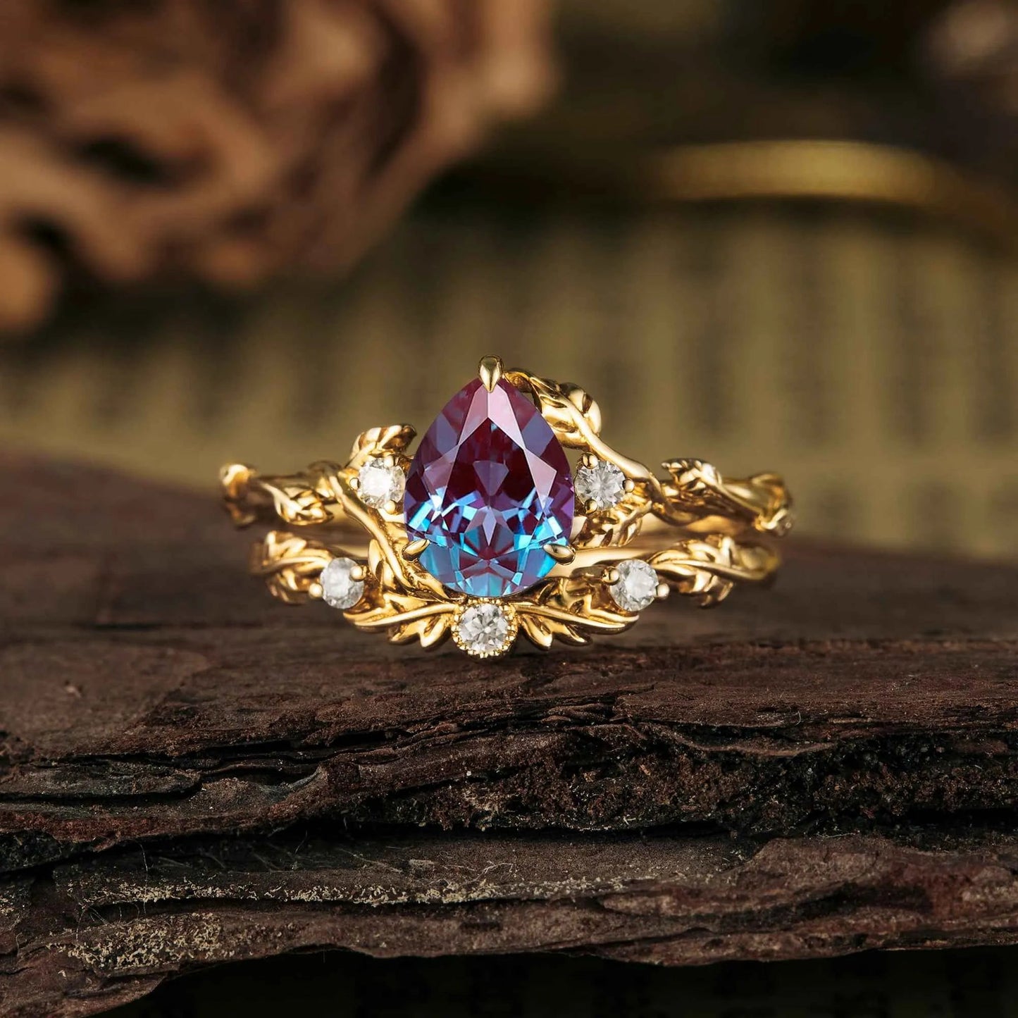 Virginia Creeper Inspired Alexandrite Ring Set 2pcs - GemsMagic - GemsMagic