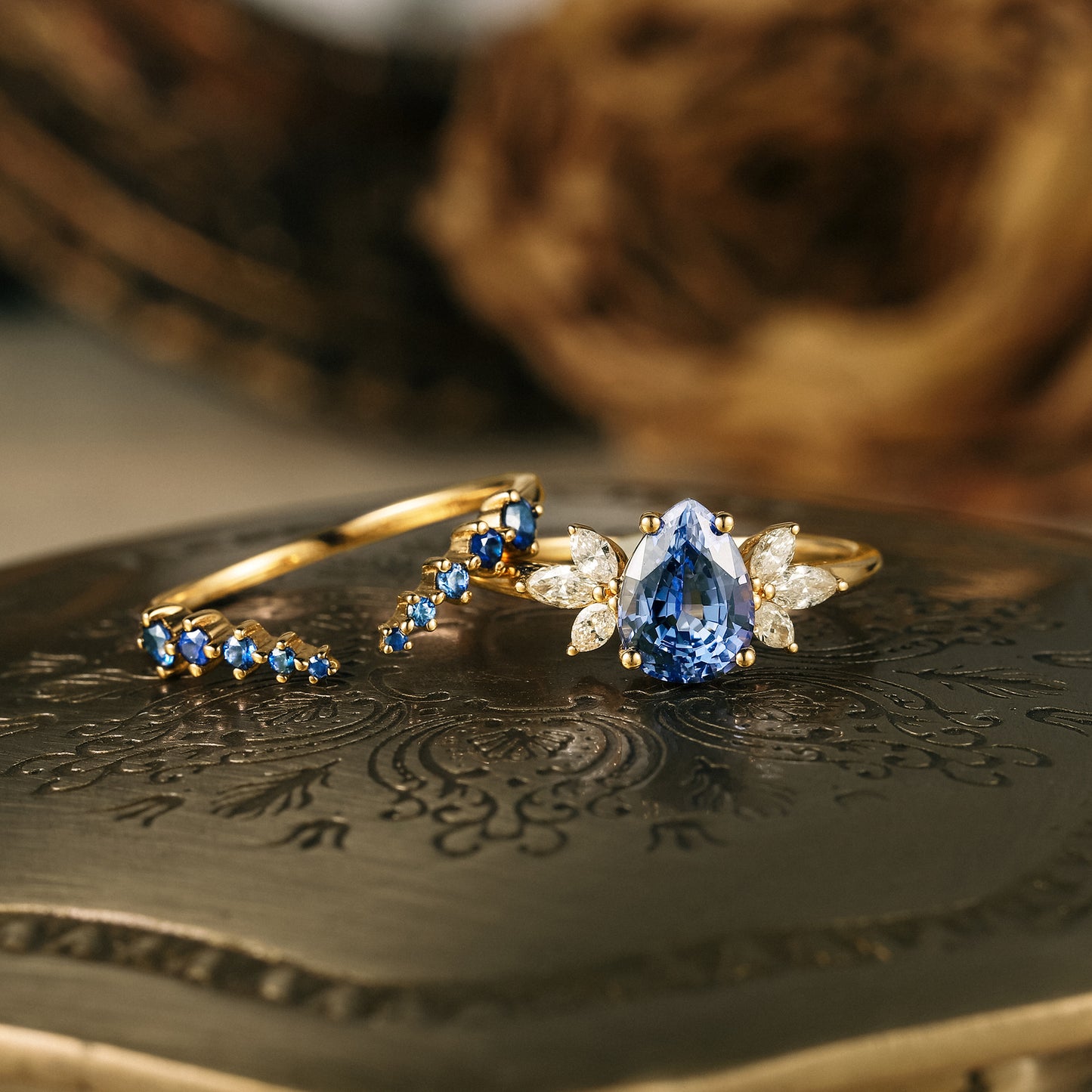 Galaxy Kite Cut Blue Sandstone Wedding Ring Set Art Deco Star Blue Sto –  joojewel