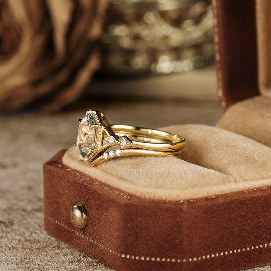 Gold Herkimer diamond hexagon ring set with Moissanite accents in velvet box.