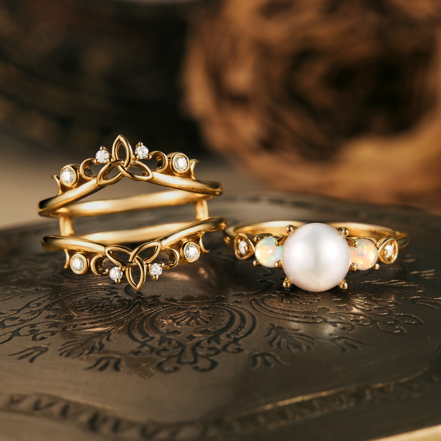 Gold Akoya pearl ring set with opals and moissanite, floral-themed design.