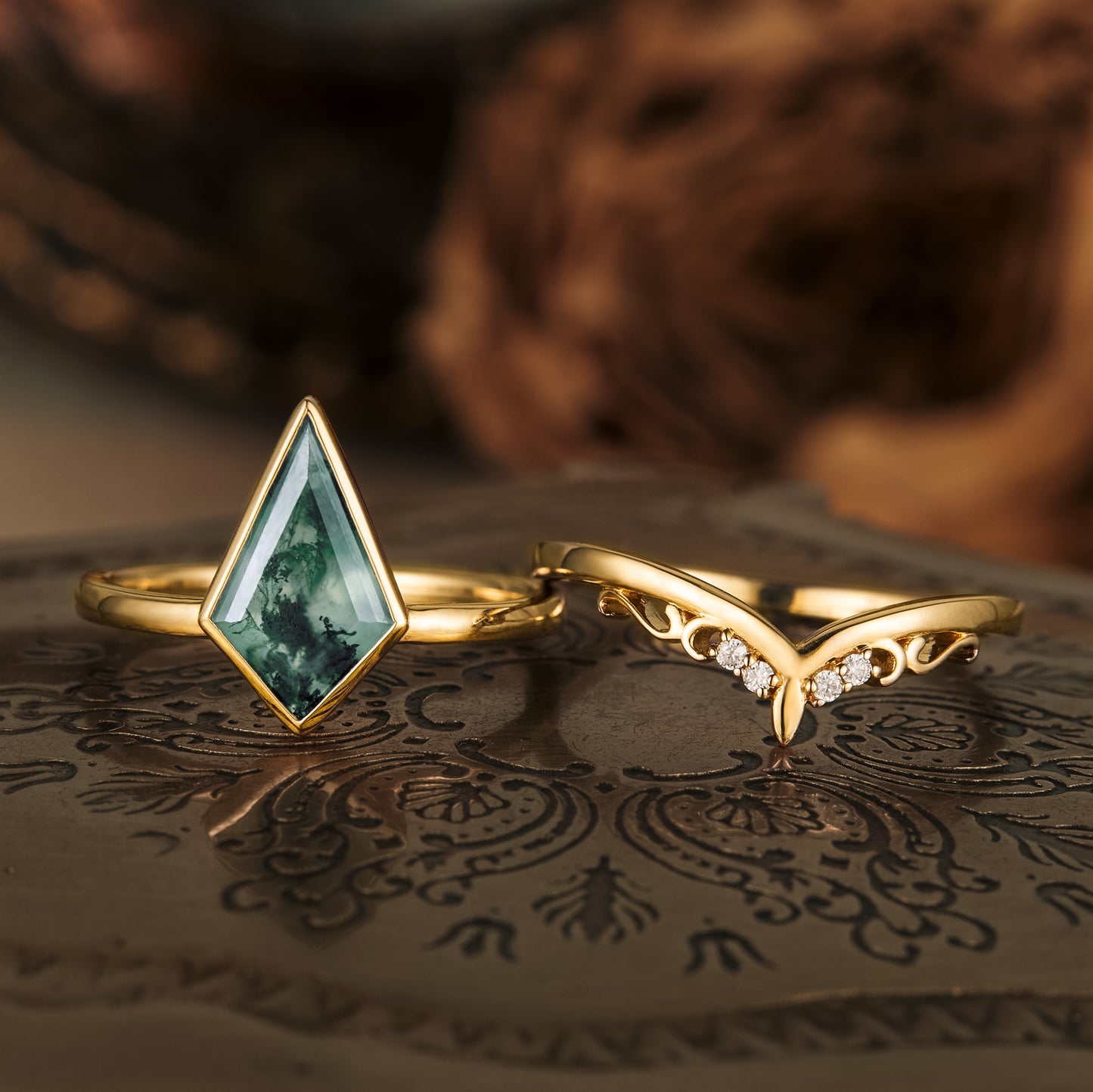 Moss agate kite-cut ring with gold band and elegant wedding band with diamond accents