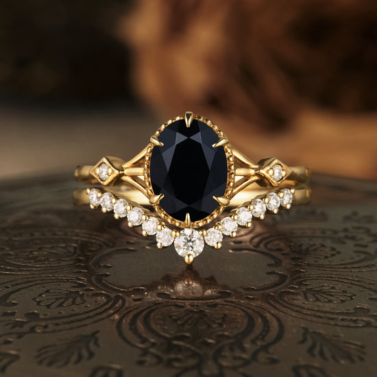 7.0mm Lab-Created Black Sapphire and 0.37 CT. T.W. Diamond Hexagonal Frame  Vintage-Style Bridal Set in 10K White Gold | Peoples Jewellers