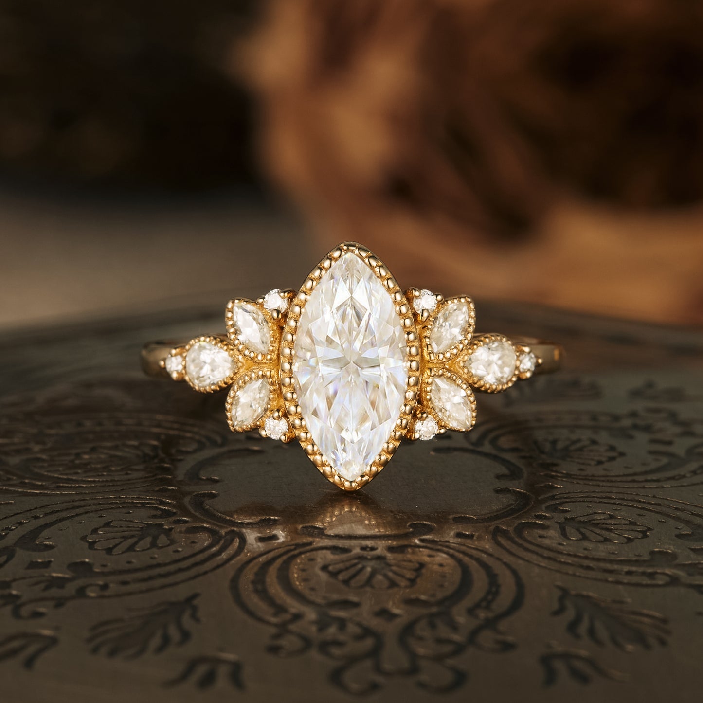 GemsMagic Marquise Moissanite Vintage Halo Engagement Ring