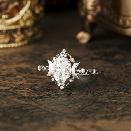 GemsMagic Vintage Oval Cut Moissanite Cluster White Gold Engagement Ring