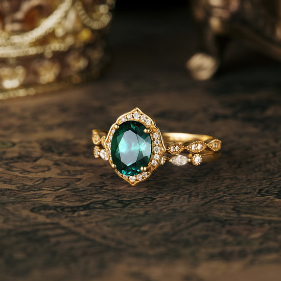 Vintage emerald halo ring set in yellow gold with diamond details, perfect for engagements.