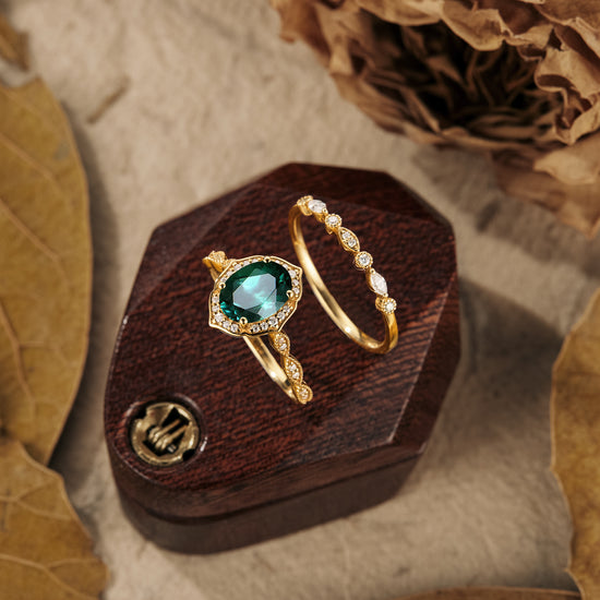 GemsMagic Vintage Emerald Halo Ring Set 2pcs