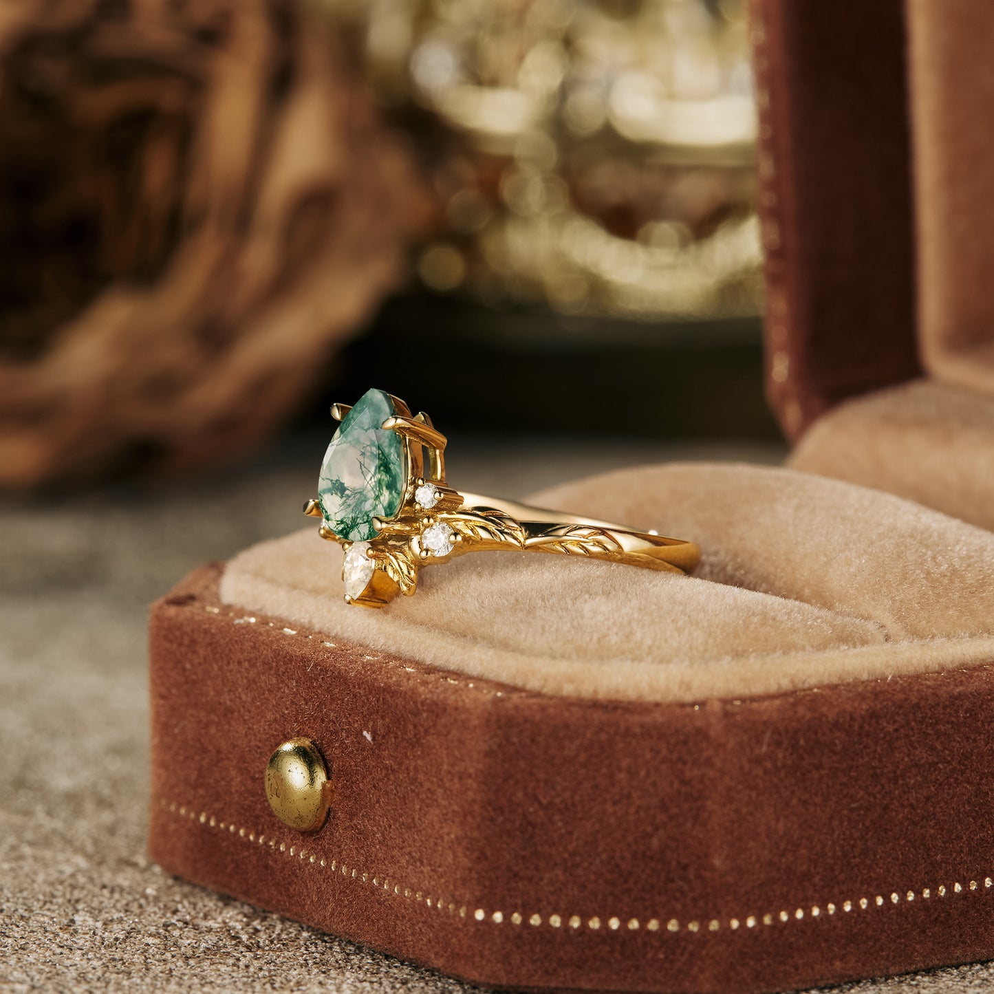 GemsMagic Pear Moss Agate Leaf Engagement Ring