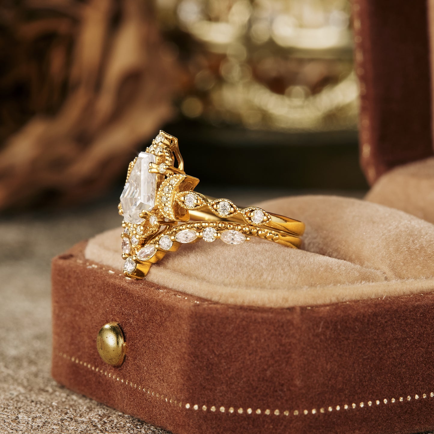 GemsMagic Vintage Coffin Moissanite Twist Engagement Ring Set 2pcs