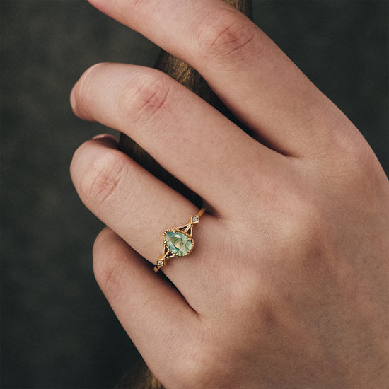 GemsMagic Pear Dainty Moss Agate Engagement Ring