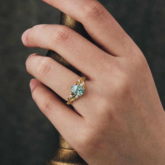 GemsMagic Vintage Moss Agate Leaf Floral Engagement Ring