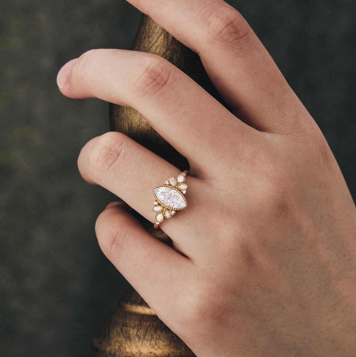 GemsMagic Marquise Moissanite Vintage Halo Engagement Ring