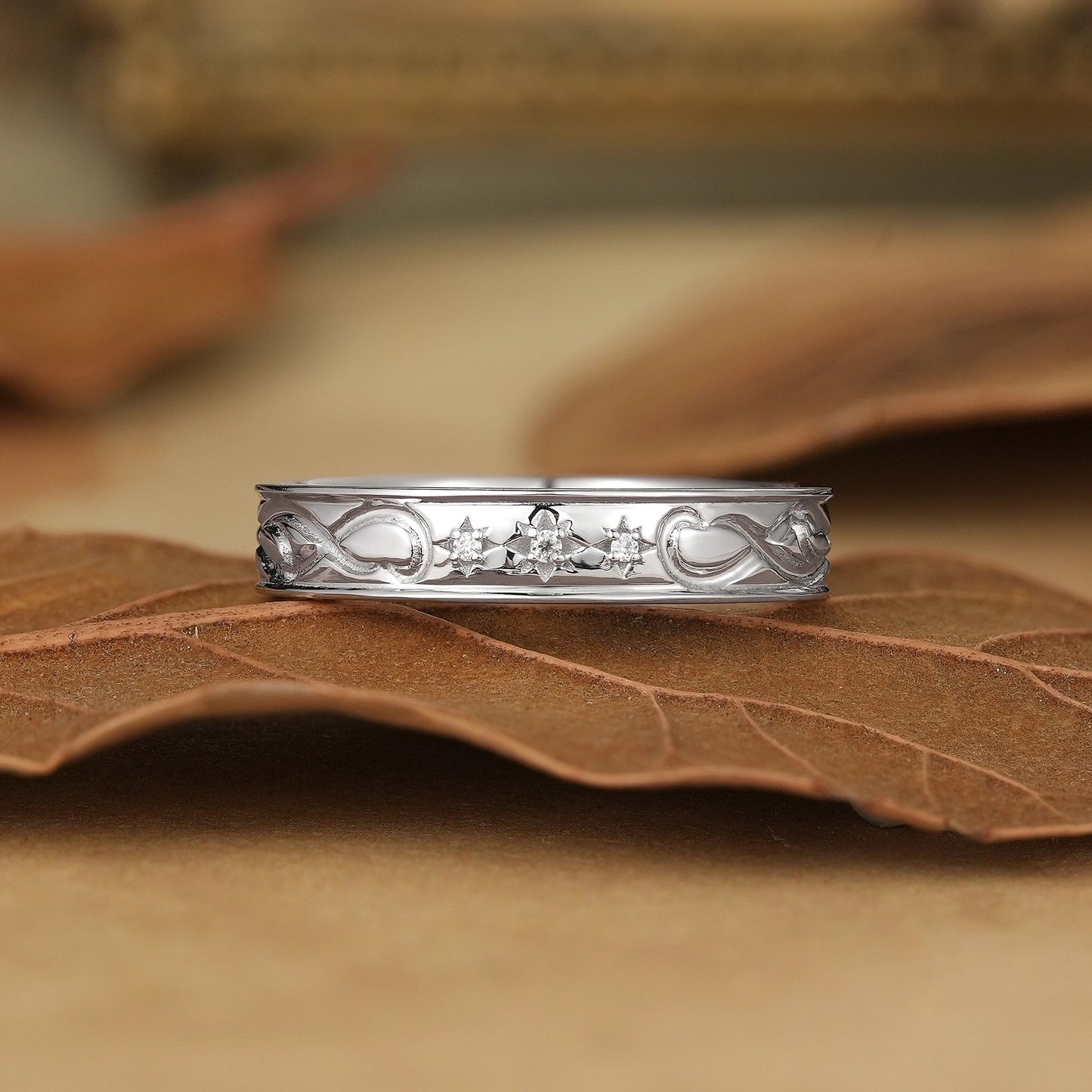 White Gold Wave Moissanite Men's Band - Leander - GemsMagic